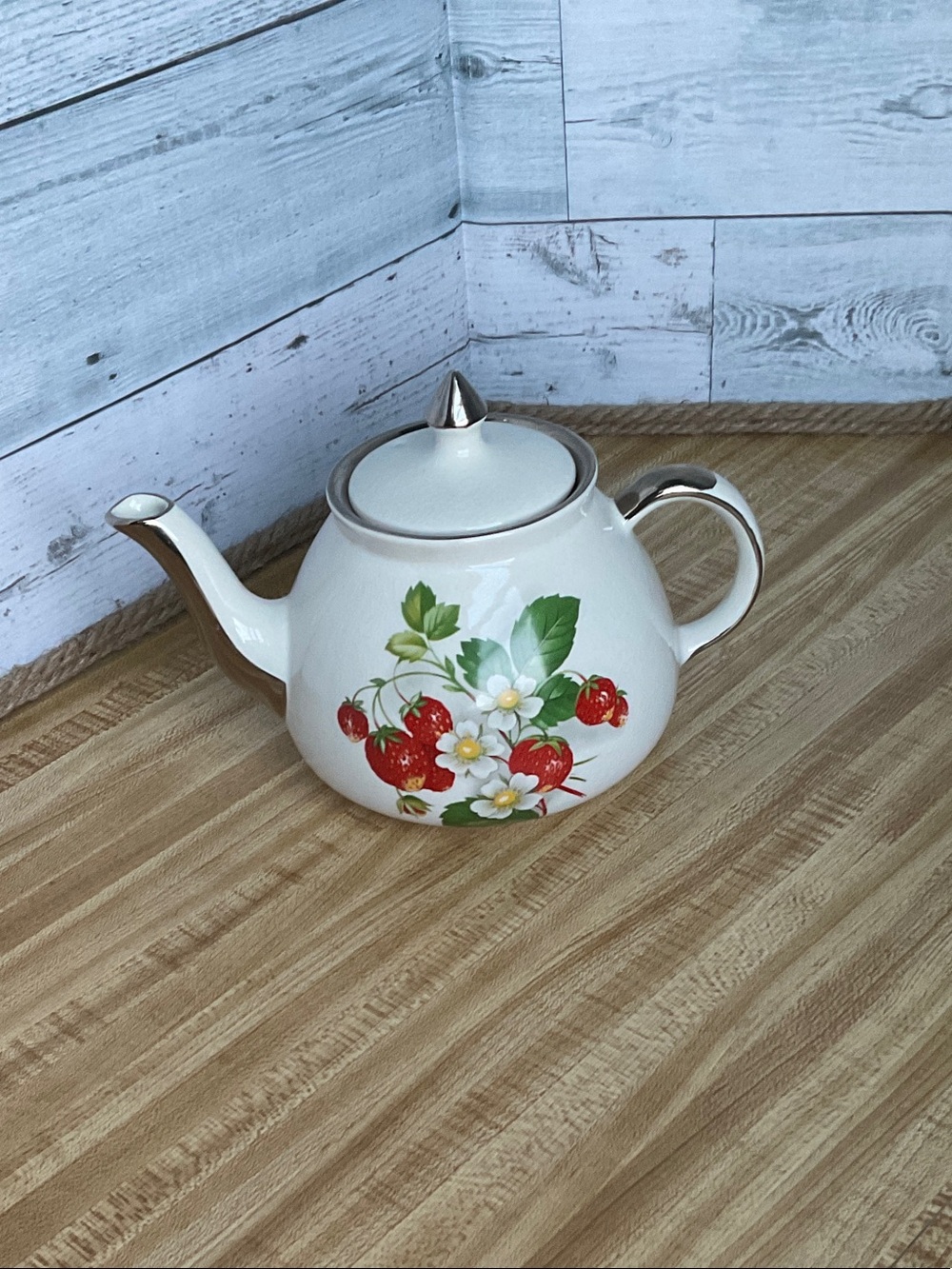 Vintage Royal Winton White Ceramic Teapot with Red Strawberry Floral Pattern